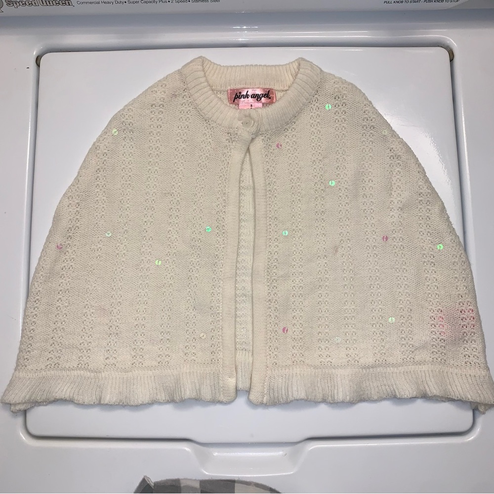 Girl’s 4 PINK ANGEL Off White Knit Single Button Cape Scattered Sequins Dressy